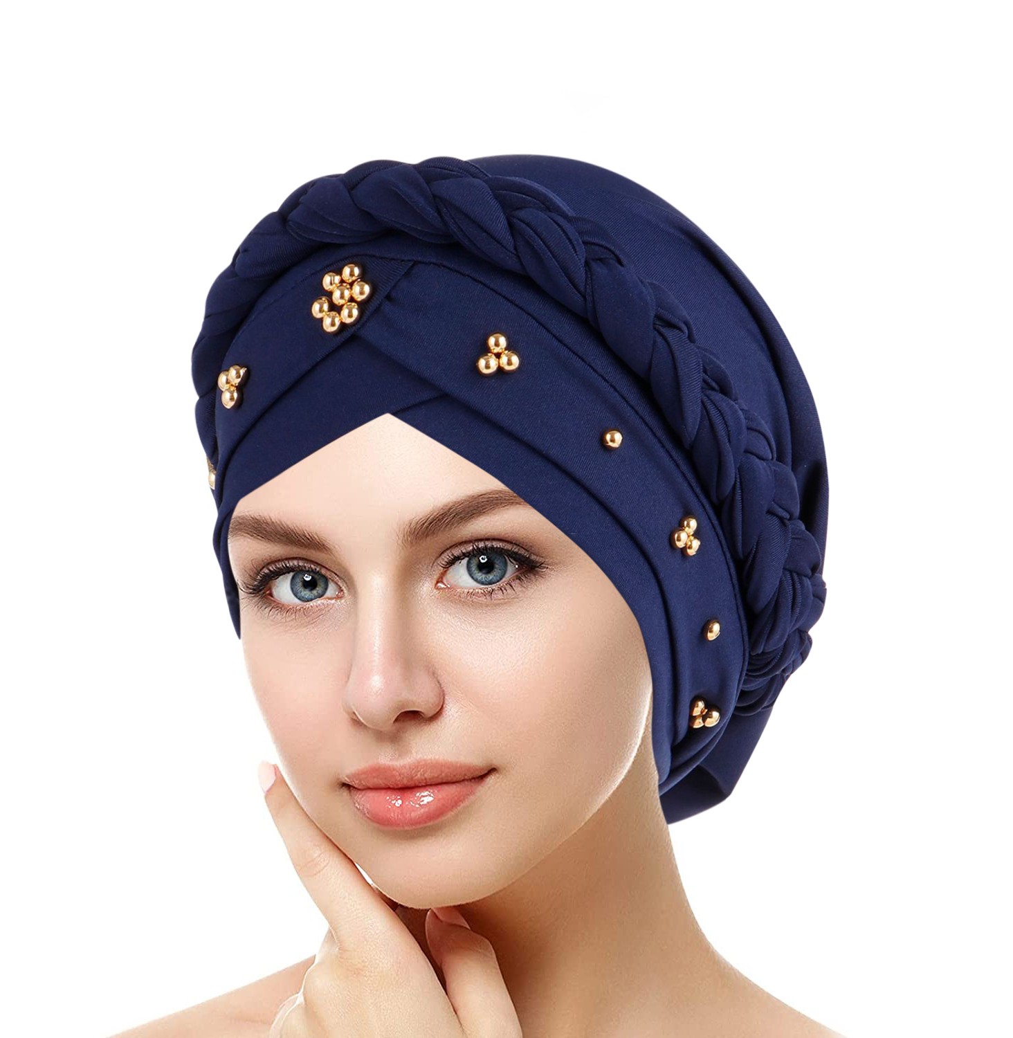 thumbnail image 2 of Gorro turbante trenzado con cuentas para mujer: elegante gorro con pañuelo para mujeres musulmanas o embarazadas, cubre el cabello con un elástico suave, apto para todas las estaciones, 2 of 4